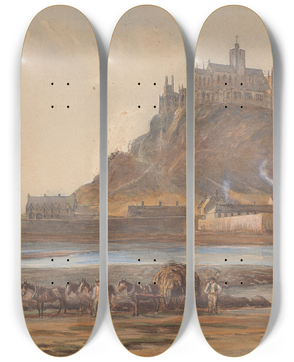 Triptych art skateboard deck of Charles Reginald Aston Mont Saintmichel by Charles Reginald Aston (1832-1908)