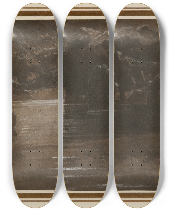 Triptych art skateboard deck of Francis Danby A Dark Rockylake by Francis Danby (1793-1861)
