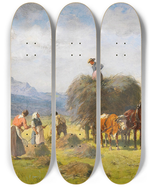 Triptych art skateboard deck of Robert Schleich Heuernte Im Vorgebirge by Robert Schleich (1845-1934)