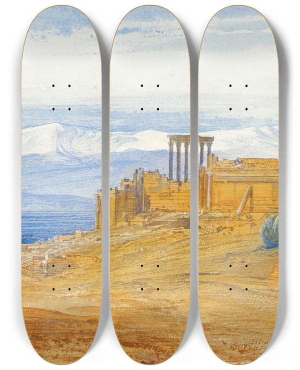 Triptych art skateboard deck of Edward Lear Baalbek Lebanon by Edward Lear (1812-1888)