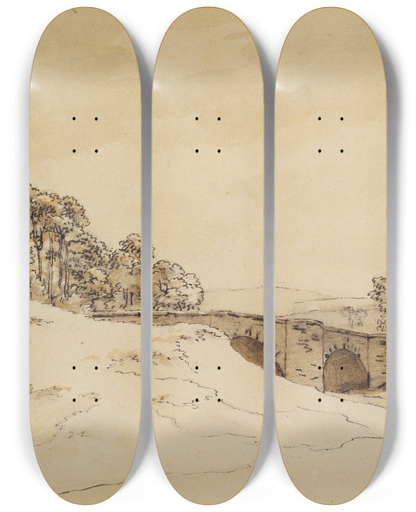 Triptych art skateboard deck of Caspar David Friedrich Landscape With Bridge by Caspar David Friedrich (1774-1840)