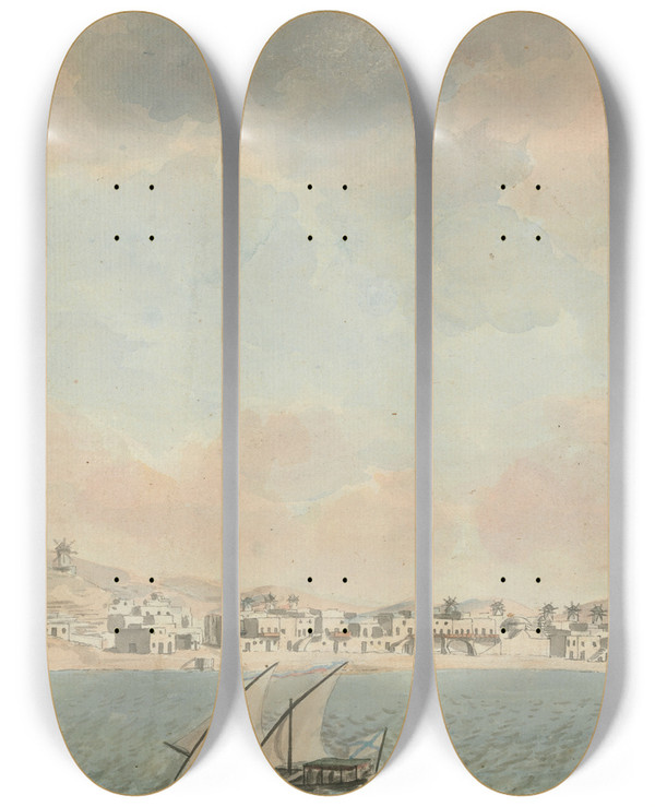 Triptych art skateboard deck of Willey Reveley Harbour Town Surrounded By Windmills by Willey Reveley (1760-1799)
