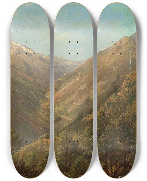 Triptych art skateboard deck of Anton Schiffer View From Thrl Into The Molda Valley With The Hochalpenspitz by Anton Schiffer (1811-1876)