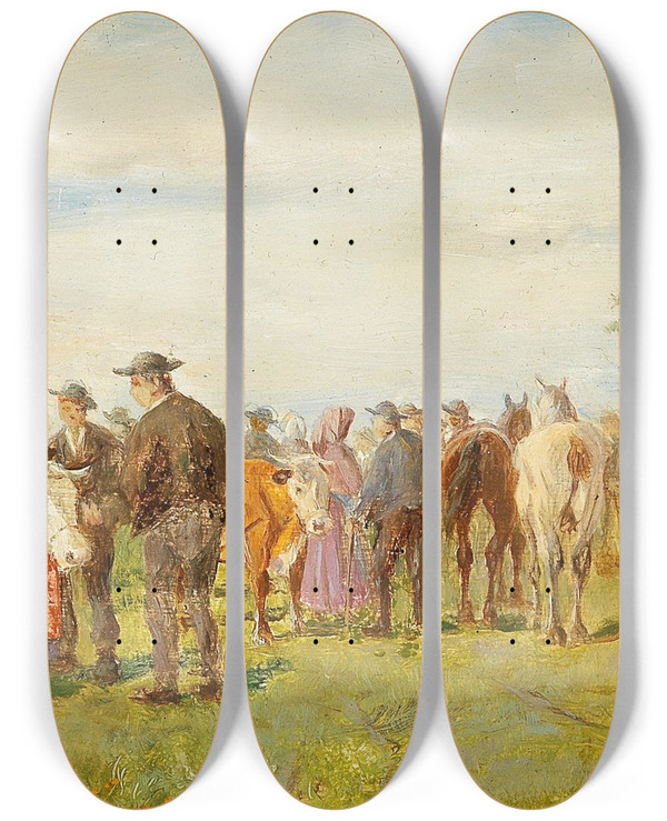 Triptych art skateboard deck of Ludwig Mllercornelius Cattle Market by Ludwig Mller-Cornelius (1864-1946)