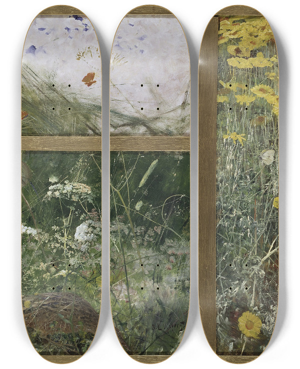 Triptych art skateboard deck of Bruno Liljefors Four Bird Studies Redbacked Shrike Corncrake Chaffinches Willow Warbler by Bruno Liljefors (1860-1939)
