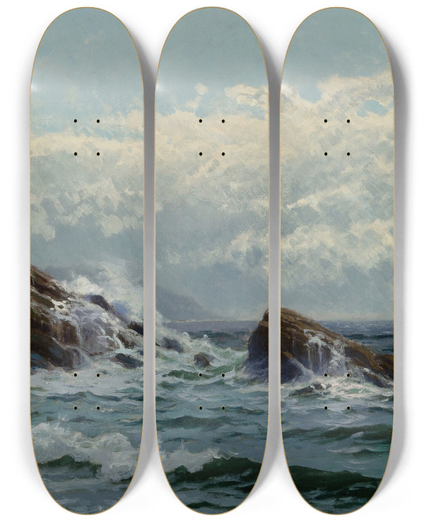 Triptych art skateboard deck of Alfred Thompson Bricher Crashing Waves by Alfred Thompson Bricher (1837-1908)