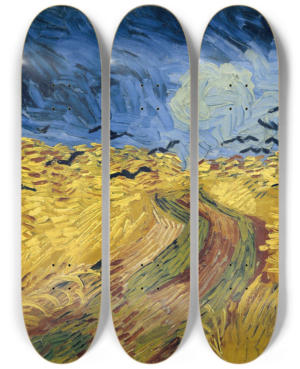 Triptych art skateboard deck of Vincent Van Gogh Wheatfield With Crows by Vincent van Gogh (1853-1890)