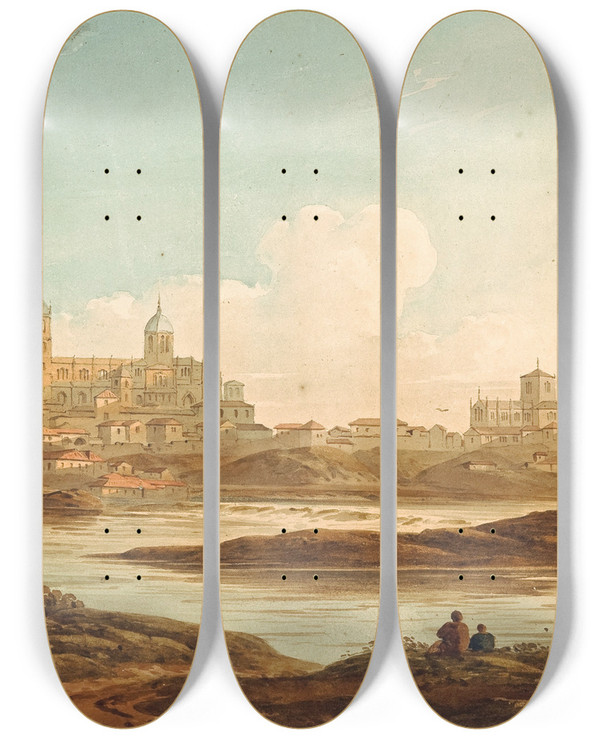 Triptych art skateboard deck of John Varley City On A River by John Varley (1778-1842)