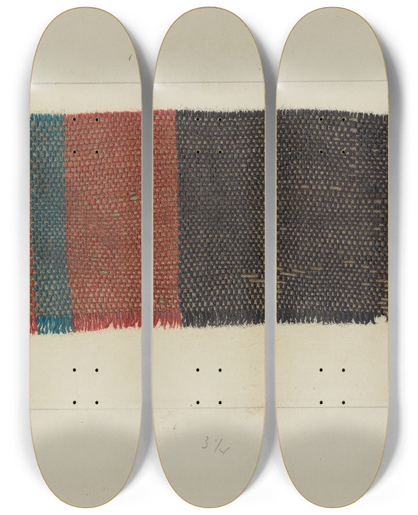Triptych art skateboard deck of Frank J Mace Woolen Cloth by Frank J Mace