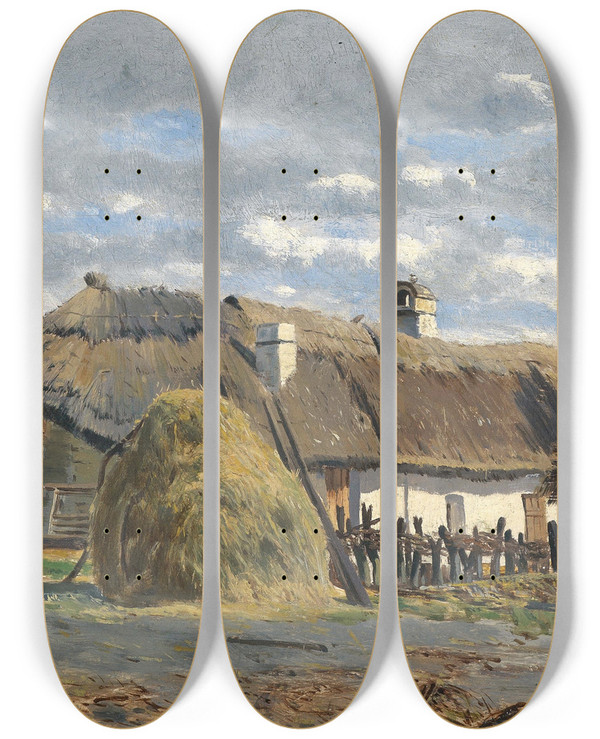 Triptych art skateboard deck of Theodor Von Hrmann Ungarische Bauernhuser by Theodor Von Hormann (1840-1895)