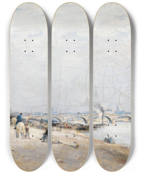 Triptych art skateboard deck of Stanislas Lpine The Seine Bercy by Stanislas Lepine (1835-1892)