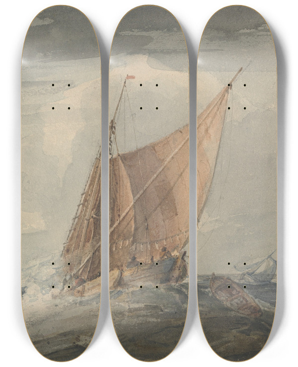 Triptych art skateboard deck of Samuel Owen Ships On A Stormy Sea by Samuel Owen