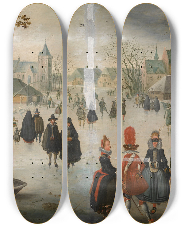 Triptych art skateboard deck of Adam Van Breen Landscape With Skaters by Adam Van Breen (1585-1642)