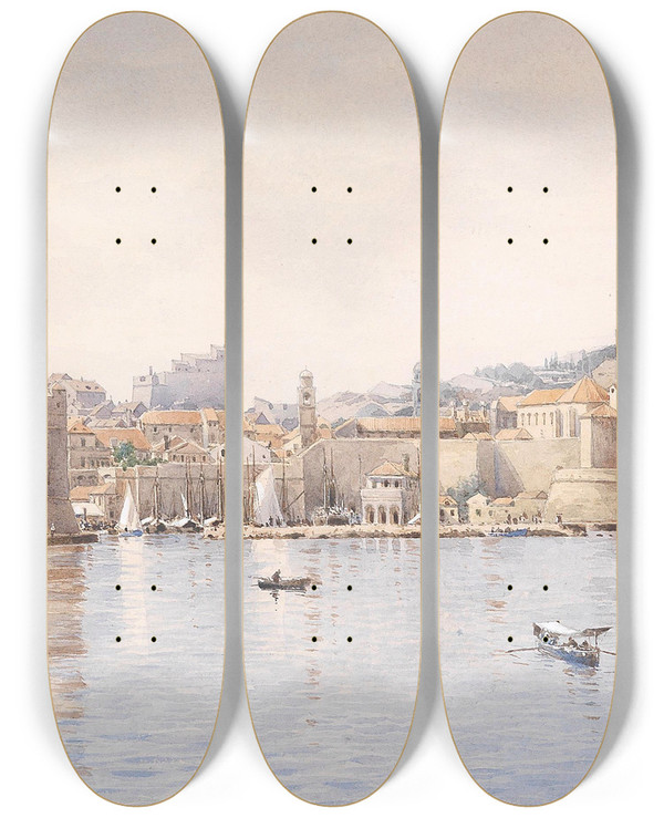 Triptych art skateboard deck of Anton Perko Blick Auf Ragusa by Anton Perko (1833-1905)