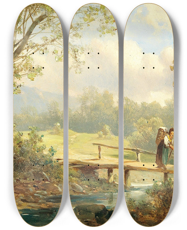 Triptych art skateboard deck of Josef Thoma Landscape In The Upper Austria by Josef Thoma (1828-1899)