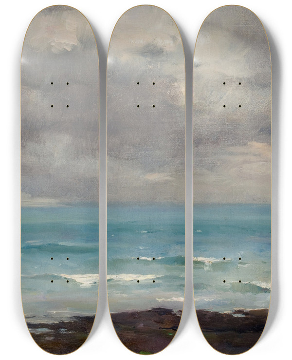Triptych art skateboard deck of Louis Ritter Beach At Etretat by Louis Ritter (1852-1896)