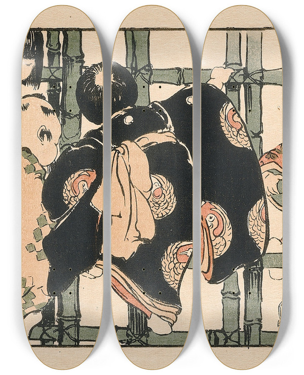 Triptych art skateboard deck of Helen Hyde Bamboo Gate by Helen Hyde (1868-1919)