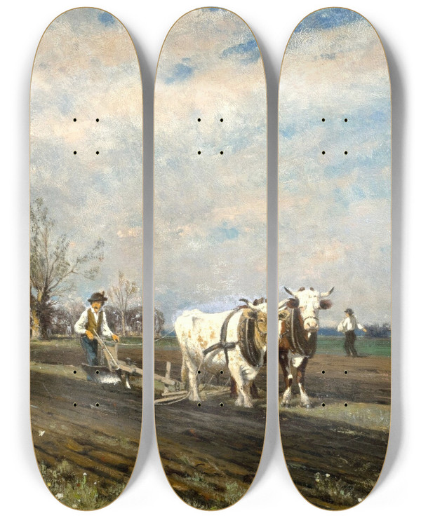 Triptych art skateboard deck of Heinrich Rasch Bei Der Feldarbeit by Heinrich Rasch (1840-1913)