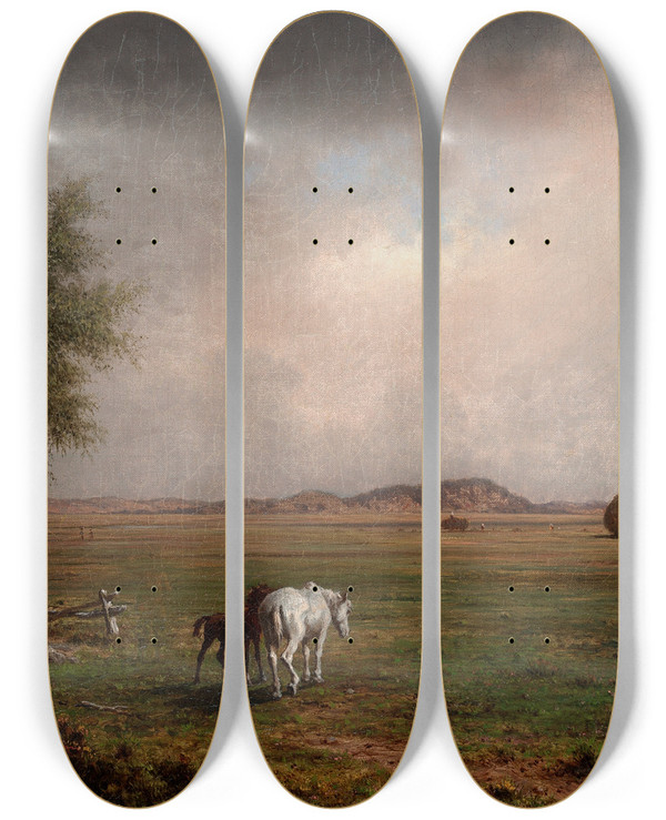 Triptych art skateboard deck of Martin Johnson Heade Mare And Colt In Amarsh by Martin Johnson Heade (1819-1904)