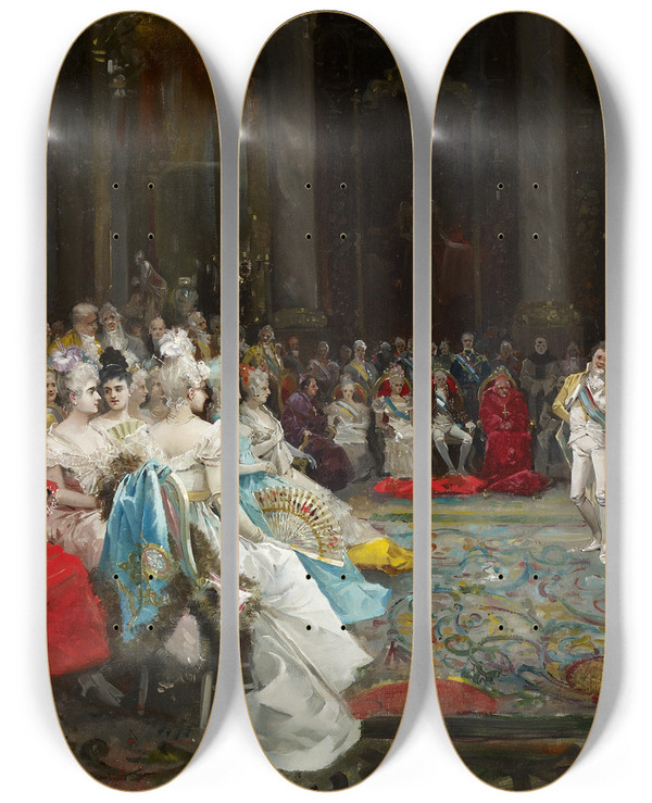 Triptych art skateboard deck of Eugenio Lucas Villamil Dance At The Palace by Eugenio Lucas Villamil (1858-1918)