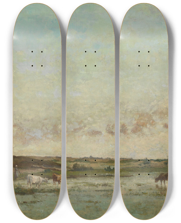 Triptych art skateboard deck of Edouard Jules Joseph Huberti Fen In The Kempen by Edouard Jules Joseph Huberti