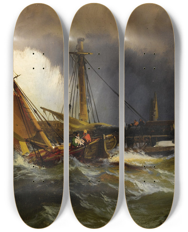 Triptych art skateboard deck of Edward Moran Recovering The Wreck by Edward Moran (1829-1901)