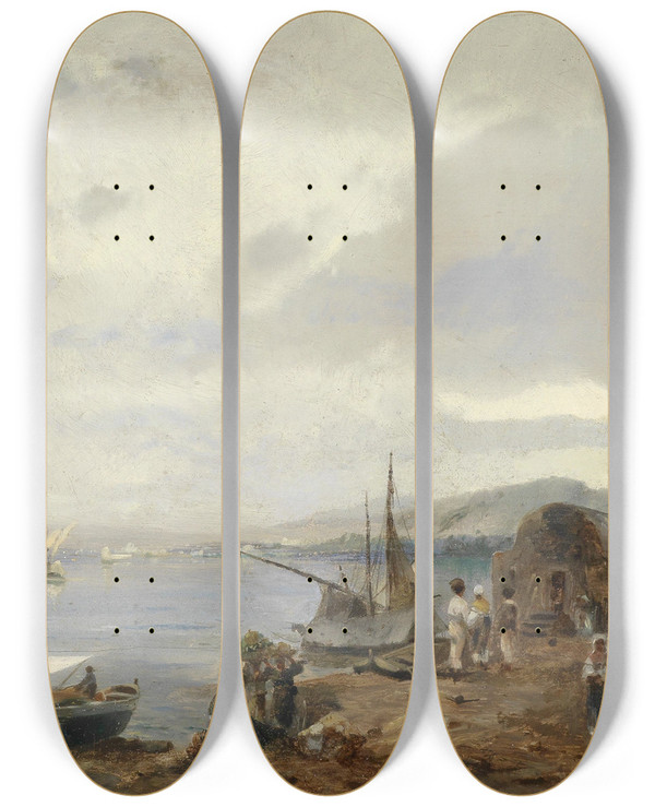 Triptych art skateboard deck of Robert Alott Fischer An Einer Sditalienischen Kstenlandschaft by Robert Alott (1850-1910)