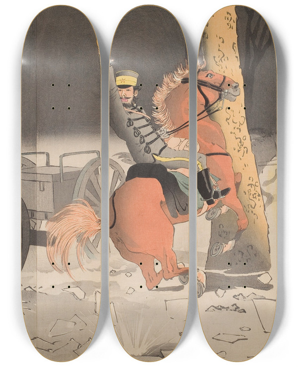 Triptych art skateboard deck of Kobayashi Kiyochika Ground Attack At Weihaiwei by Kobayashi Kiyochika (1847-1915)