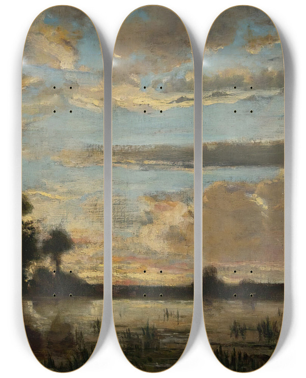 Triptych art skateboard deck of Thodore Rousseau Soleil Couchant by Theodore Rousseau (1812-1867)