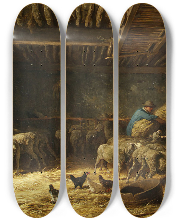 Triptych art skateboard deck of Charles Emile Jacque The Sheepfold by Charles Emile Jacque (1813-1894)