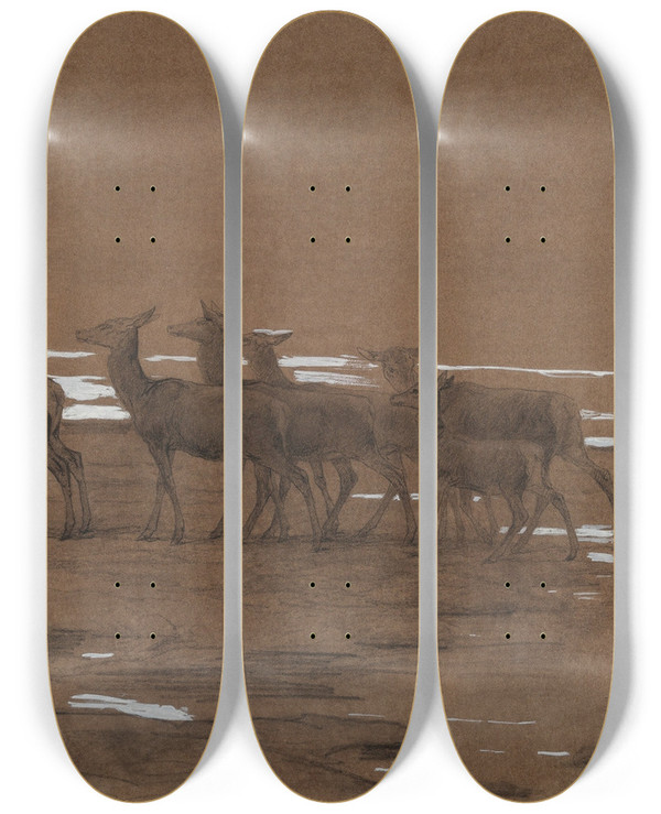 Triptych art skateboard deck of Rosa Bonheur The Leading Stag by Rosa Bonheur (1822-1899)
