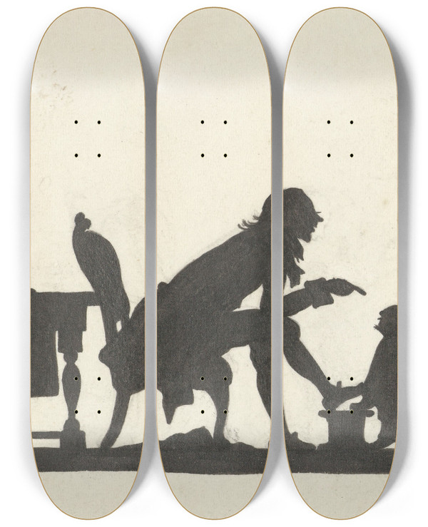 Triptych art skateboard deck of Nelly Bodenheim Silhouet Van Een Echtpaar Met Kind In Wieg by Nelly Bodenheim (1874-1951)