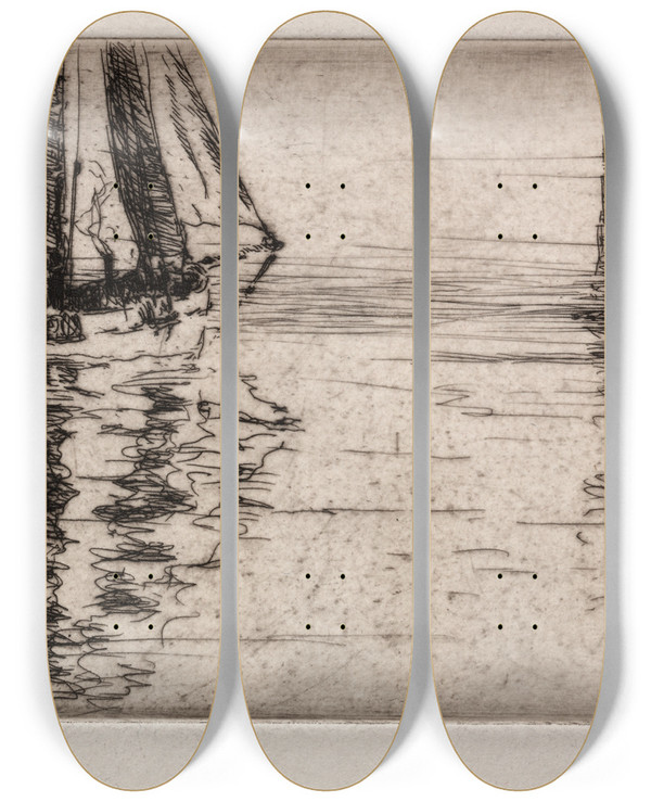 Triptych art skateboard deck of Arthur John Trevor Briscoe The Calm by Arthur John Trevor Briscoe (1873-1943)