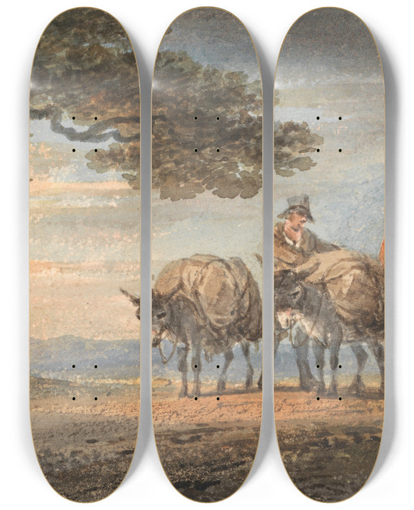 Triptych art skateboard deck of William Payne Drivers And Burros Resting At Sunset by William Payne (1760-1830)