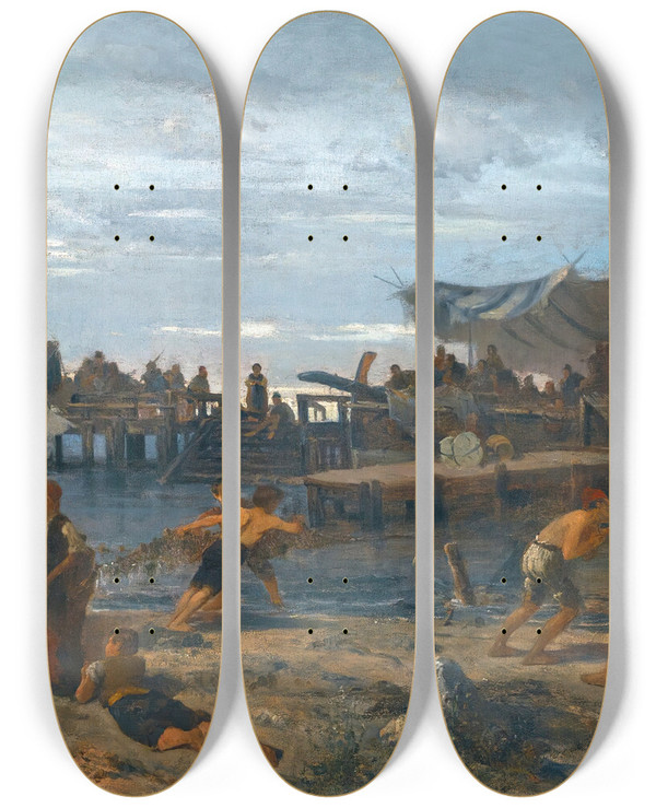 Triptych art skateboard deck of Constantinos Volanakis A Bustling Shore by Konstantinos Volanakis (1837-1907)