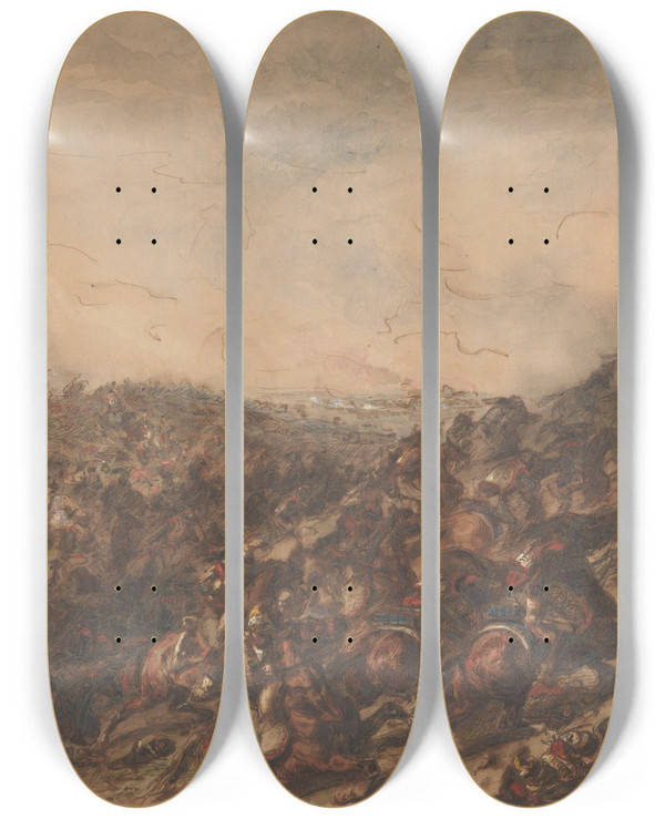Triptych art skateboard deck of Hippolyte Bellang Battle Scene Waterloo by Hippolyte Bellange (1800-1866)