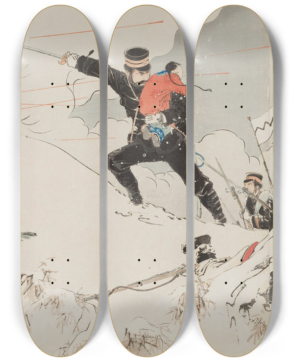 Triptych art skateboard deck of Toshikata Mizuno Captain Higuchi by Toshikata Mizuno (1866-1908)