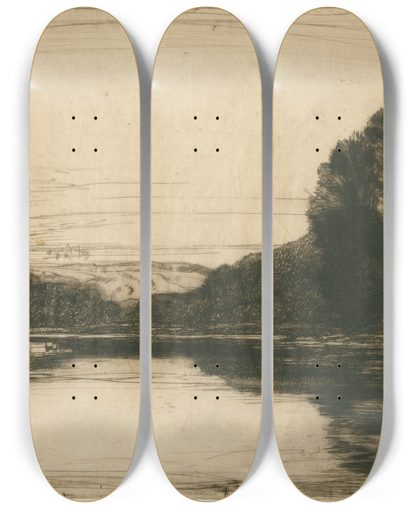 Triptych art skateboard deck of David Young Cameron Still Waters by David Young Cameron (1865-1945)