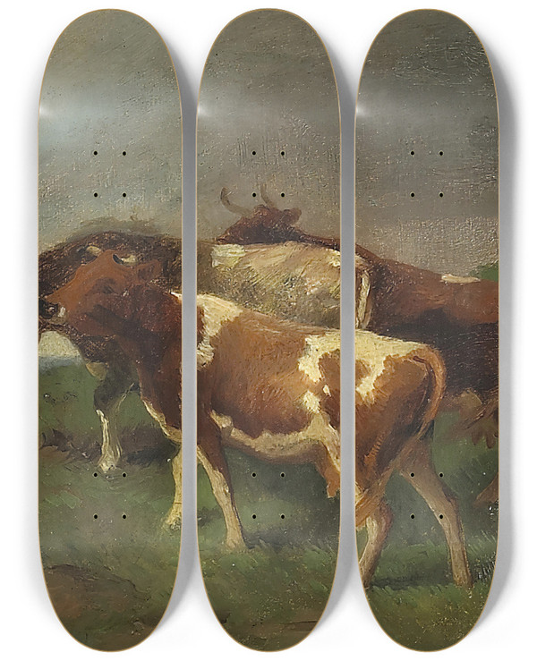Triptych art skateboard deck of William Hahn Getting The Cattle Home by William Hahn (1829-1887)
