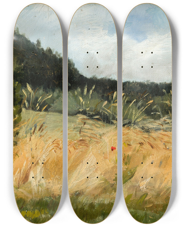 Triptych art skateboard deck of Leon Wyczkowski Cornfield by Leon Wyczolkowski (1852-1936)