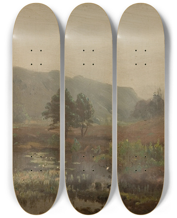 Triptych art skateboard deck of Amaldus Nielsen Tkestemning Hoven Mandal by Amaldus Nielsen (1838-1932)