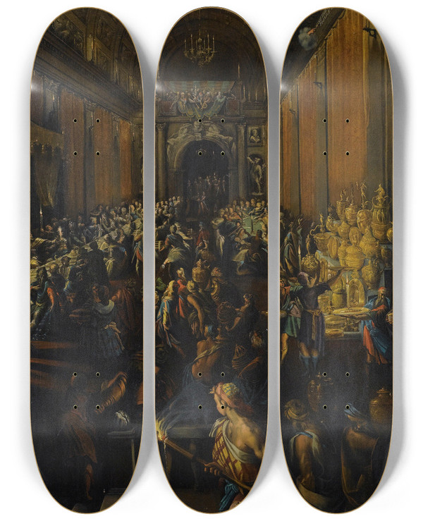 Triptych art skateboard deck of Frederik Van Valckenborch Belshazzars Feast by Frederik Van Valckenborch (1566-1623)