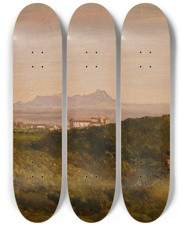Triptych art skateboard deck of Heinrich Brkel Blick Auf Den Monte Circeo by Heinrich Burkel (1802-1869)