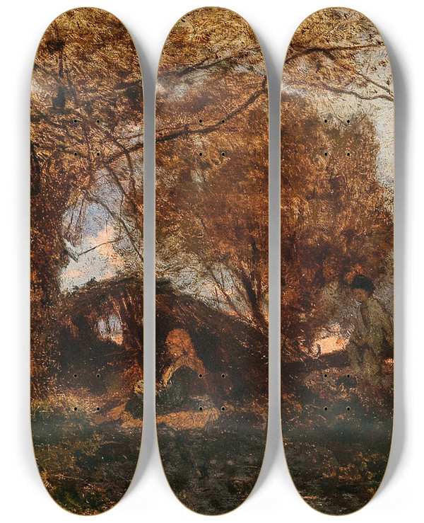 Triptych art skateboard deck of Gza Mszly A Vast Landscape In The Evening Light by Geza Meszoly (1844-1887)