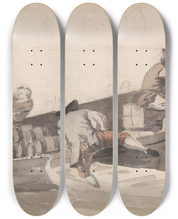 Triptych art skateboard deck of Samuel Scott Men Loading A Boat With Barrels by Samuel Scott (1697-1772)