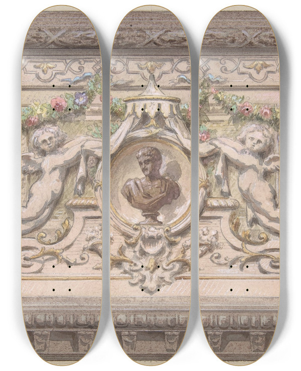 Triptych art skateboard deck of Julesedmondcharles Lachaise Design For Cove Htel Cahen Danvers by Jules-Edmond-Charles Lachaise (1897)
