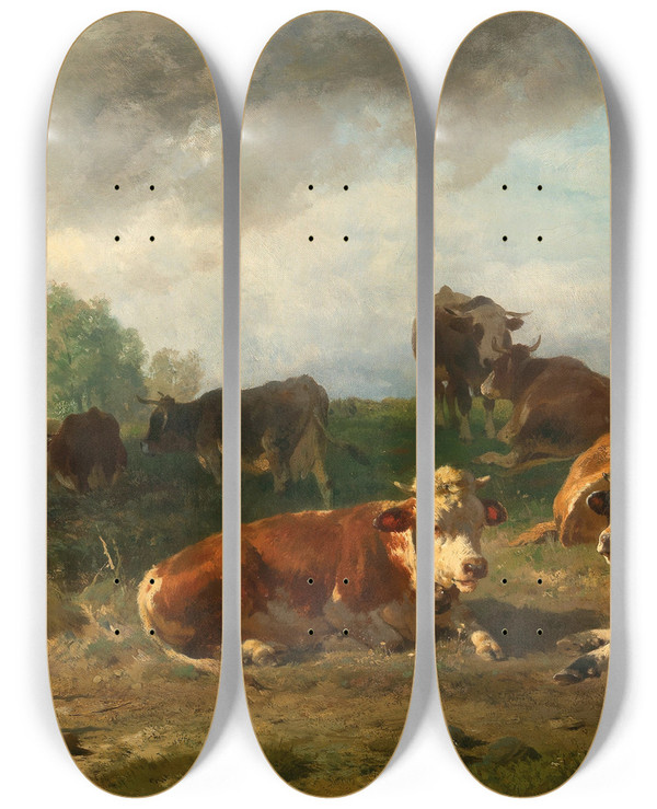 Triptych art skateboard deck of Anton Braith Cattle Resting On The Lakeside by Anton Braith (1836-1905)