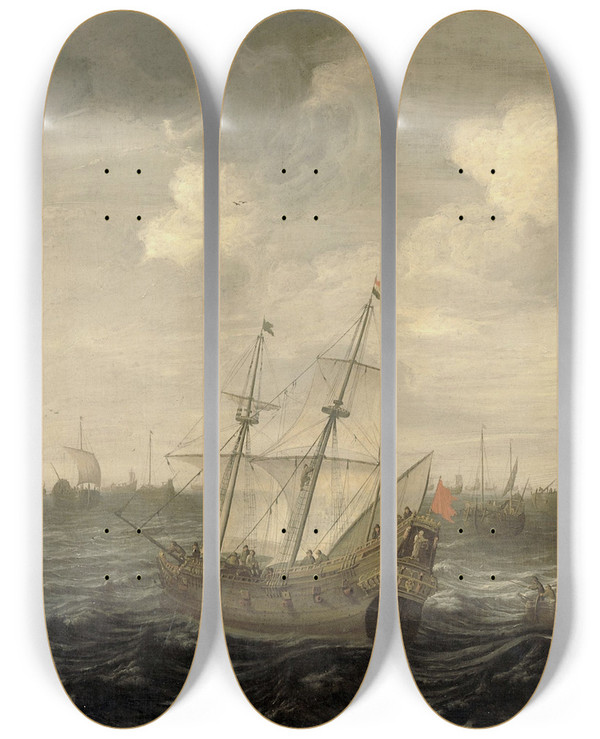Triptych art skateboard deck of Cornelis Beelt The Dutch Herring Fleet Under Sail by Cornelis Beelt (1630-1702)
