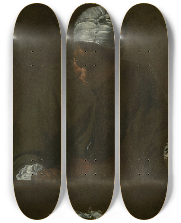 Triptych art skateboard deck of Diego Velzquez Kitchen Scene by Diego Velazquez (1599-1660)