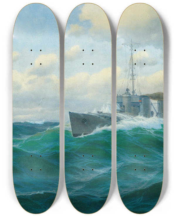 Triptych art skateboard deck of Max Jensen Gunboat On The High Seas by Max Jensen (1860-1907)
